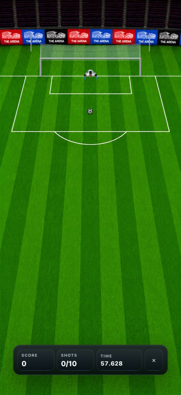 The Arena app penalty challenge with score, shots, and timer controls